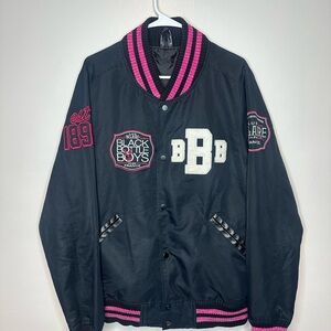 Black Bottle Boys Bomber Jacket with Pink Trim and Embroidered Patches Mens sz L